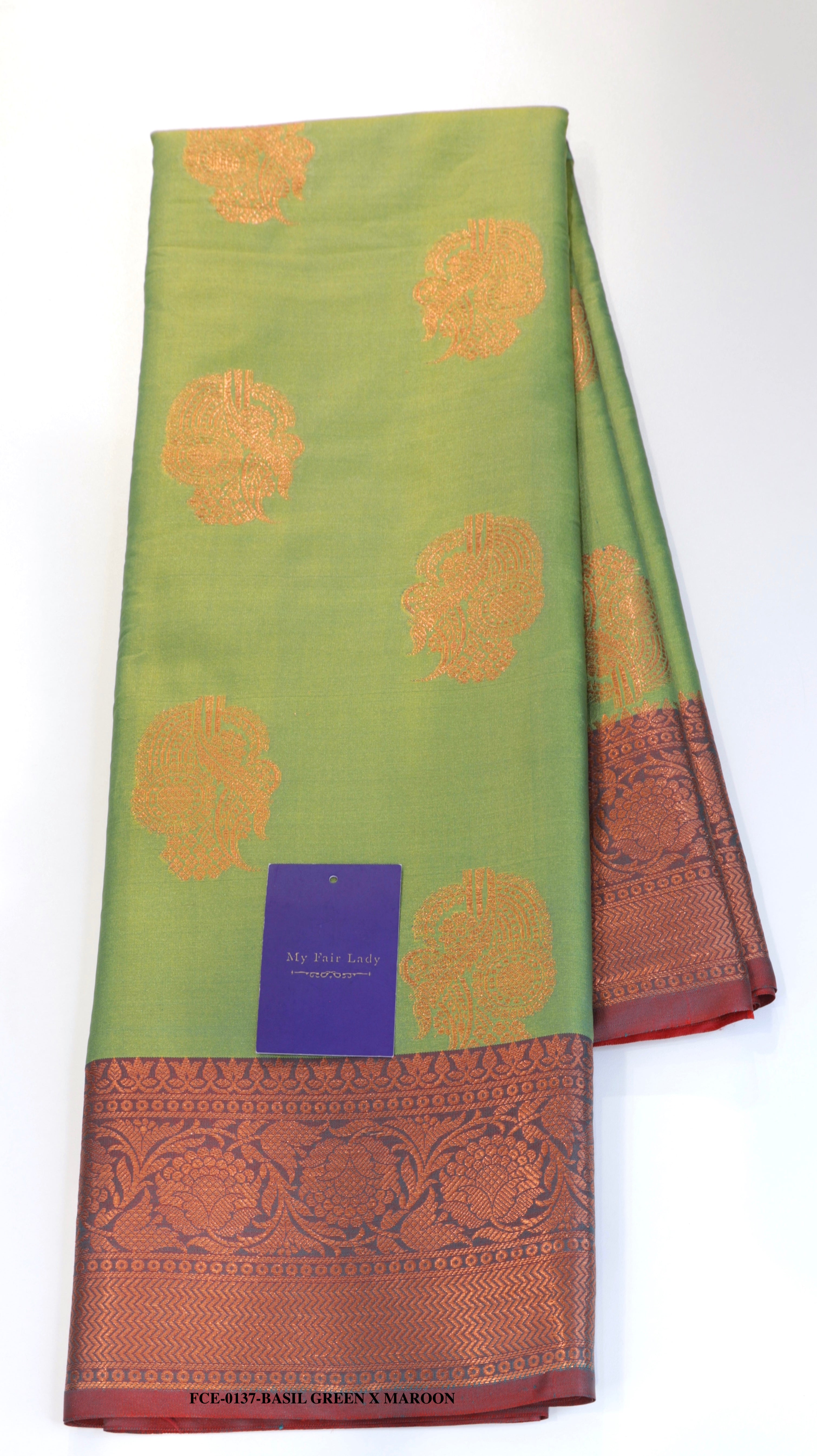 Butta Semi Silk Saree Basil Green x Maroon Colour Code 137